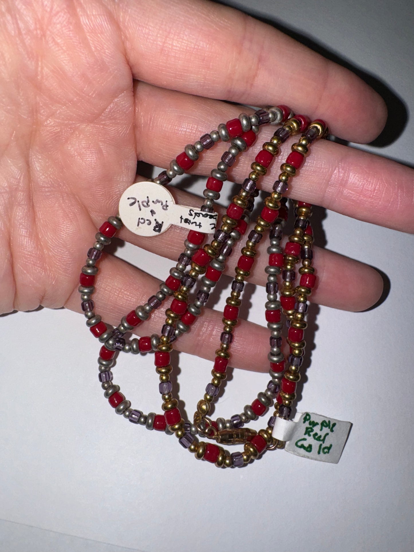 14" Long Red, Purple, and Silver Beaded Necklace