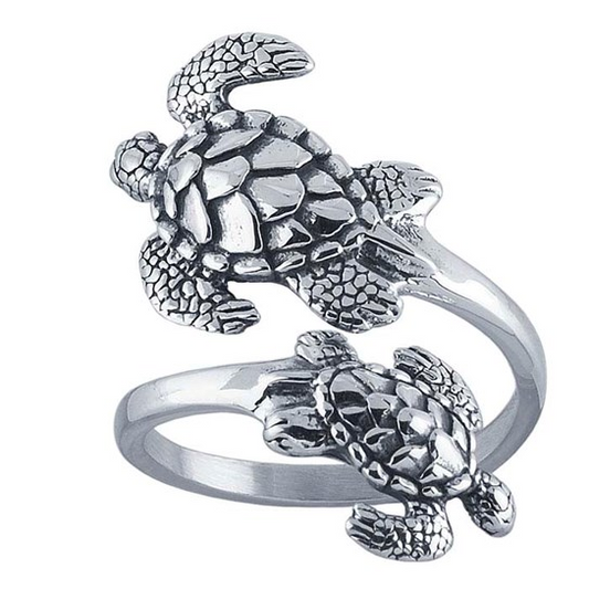 Sterling Silver Sea Turtles Bypass Ring, Adjustable
