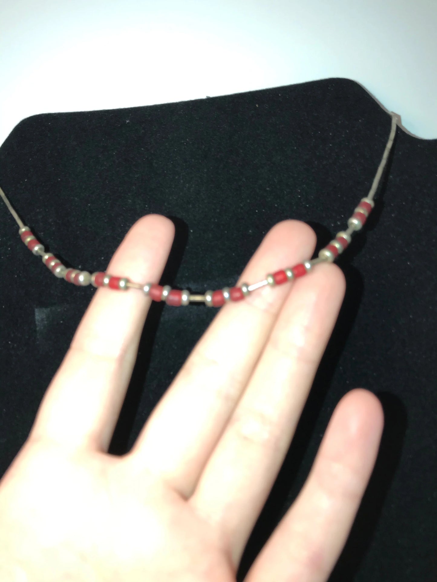 15 1/4" Orange Red and Silver Beaded Necklace