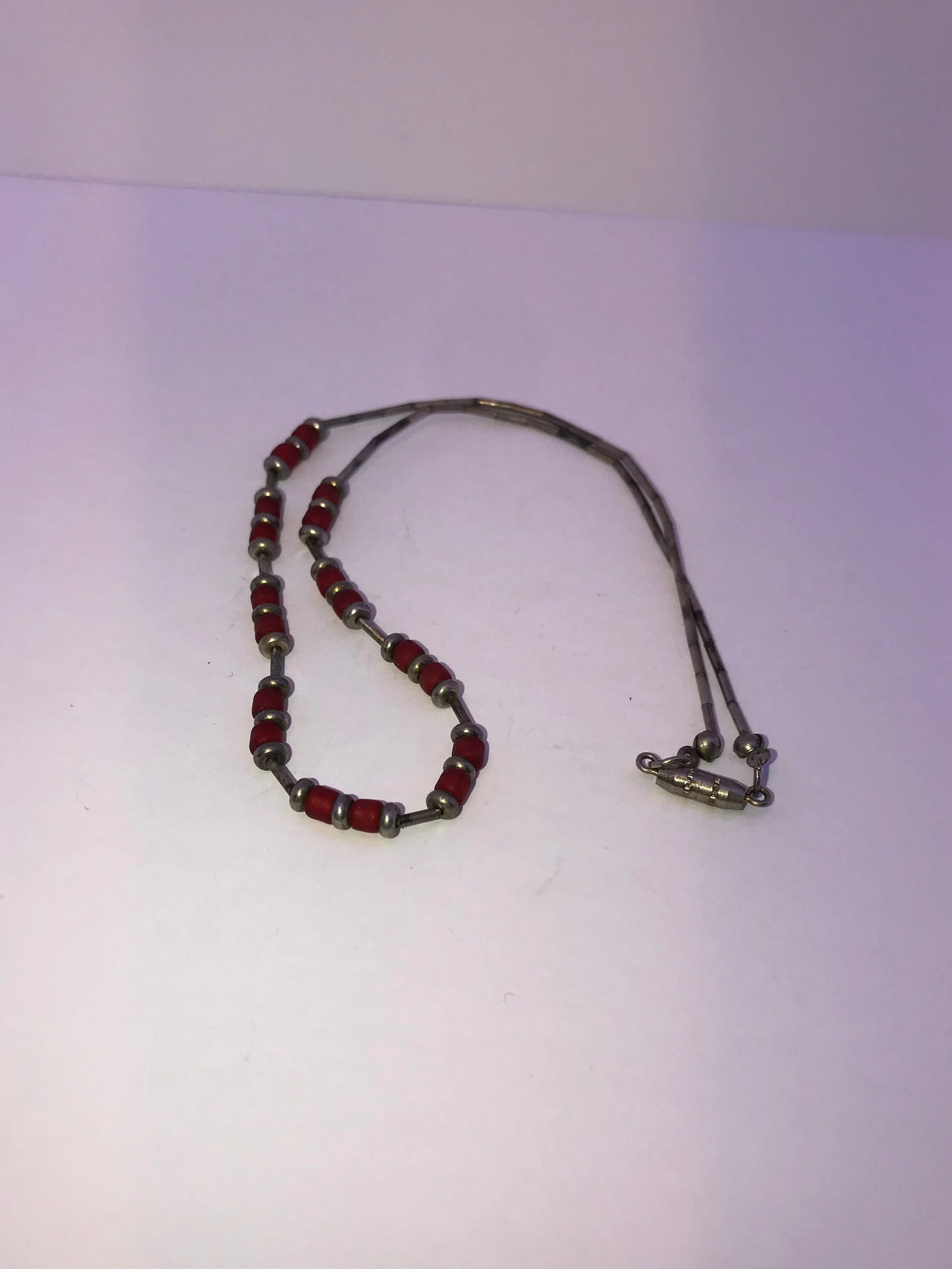 15 1/4" Orange Red and Silver Beaded Necklace