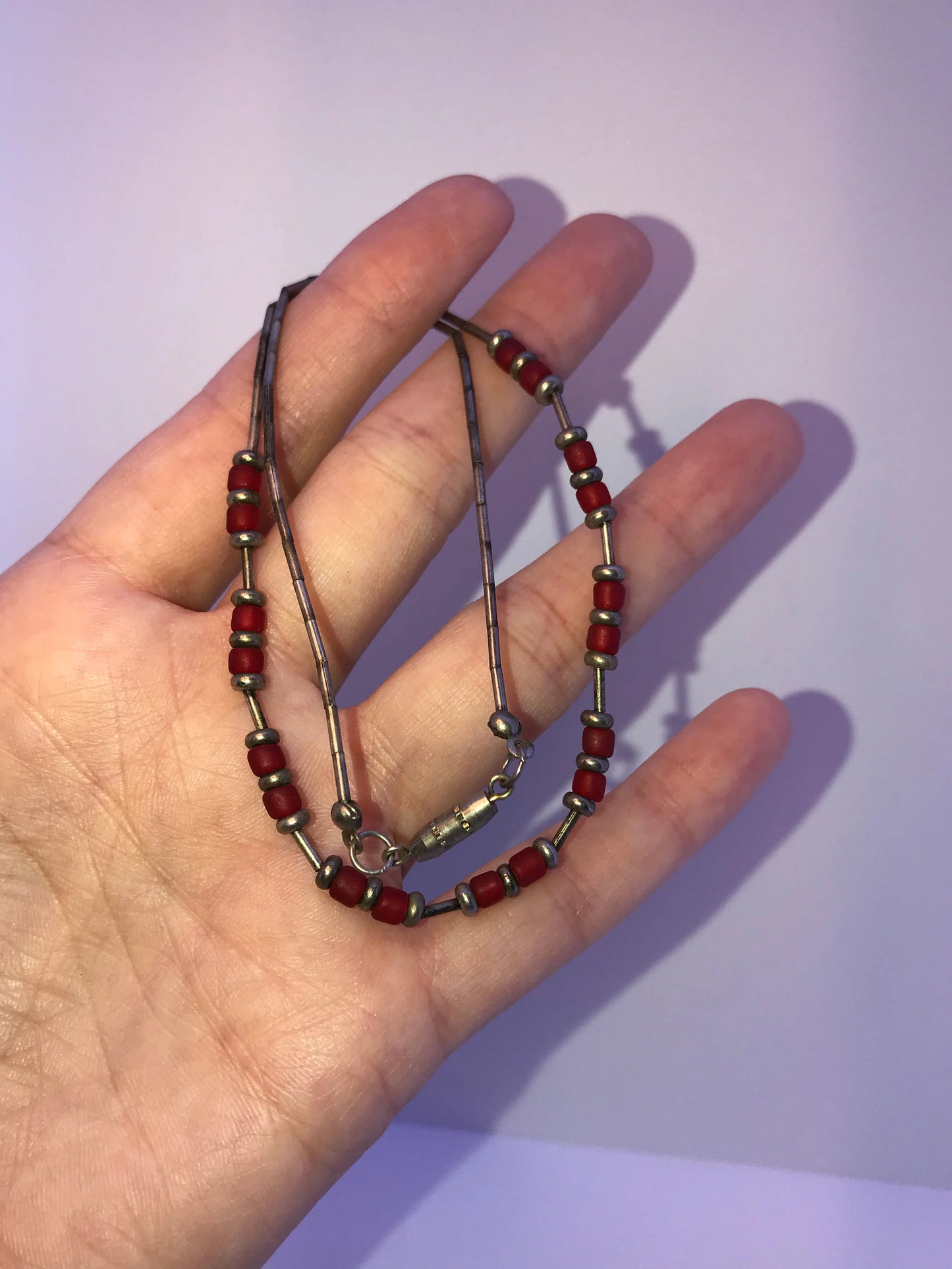 15 1/4" Orange Red and Silver Beaded Necklace