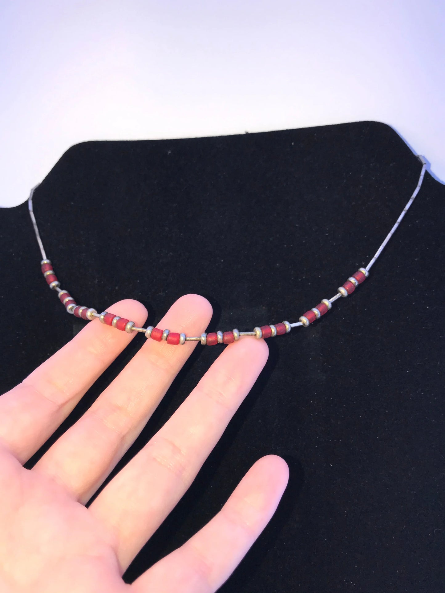 15 1/4" Orange Red and Silver Beaded Necklace