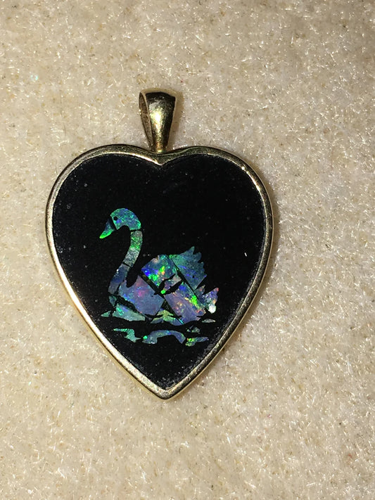 14 KT Gold Onyx Swan Opal Heart Pendant