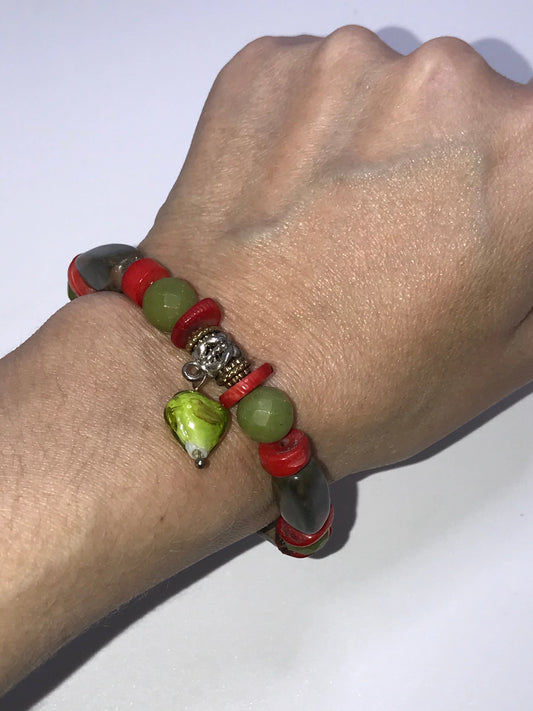 8" Coral and Jade Bracelet