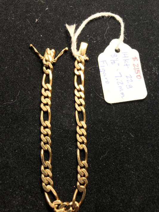 8 1/2" 14 Kt Gold Figaro Bracelet